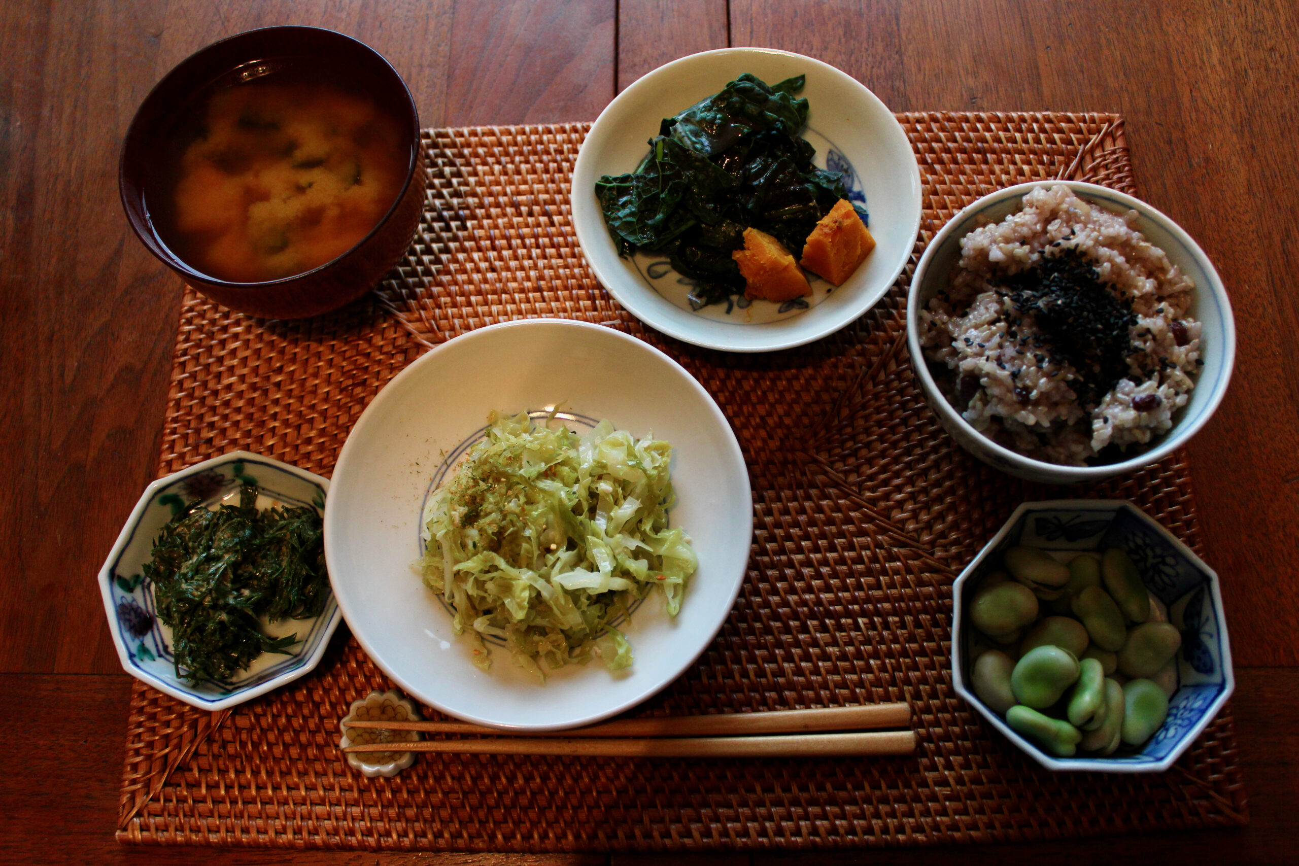 Dinner with boiled fava beans and beautiful vegetable dishes