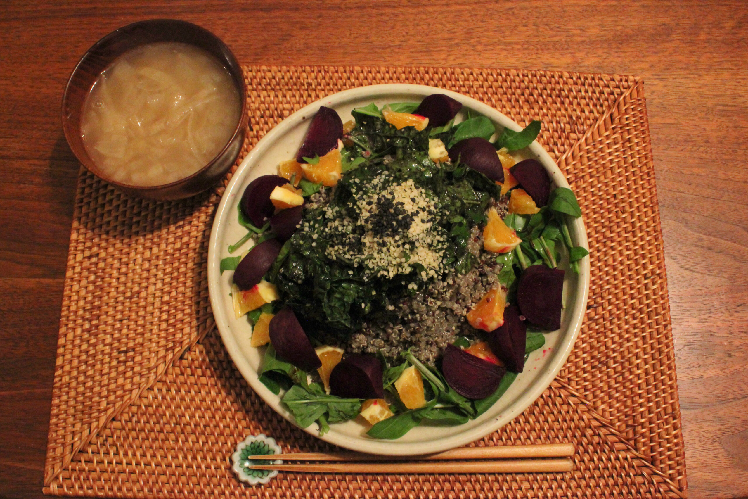 Moon Time Dinner: Quinoa Salad with Steamed  Beets and Kale and Black Sesame Tahini Dressing