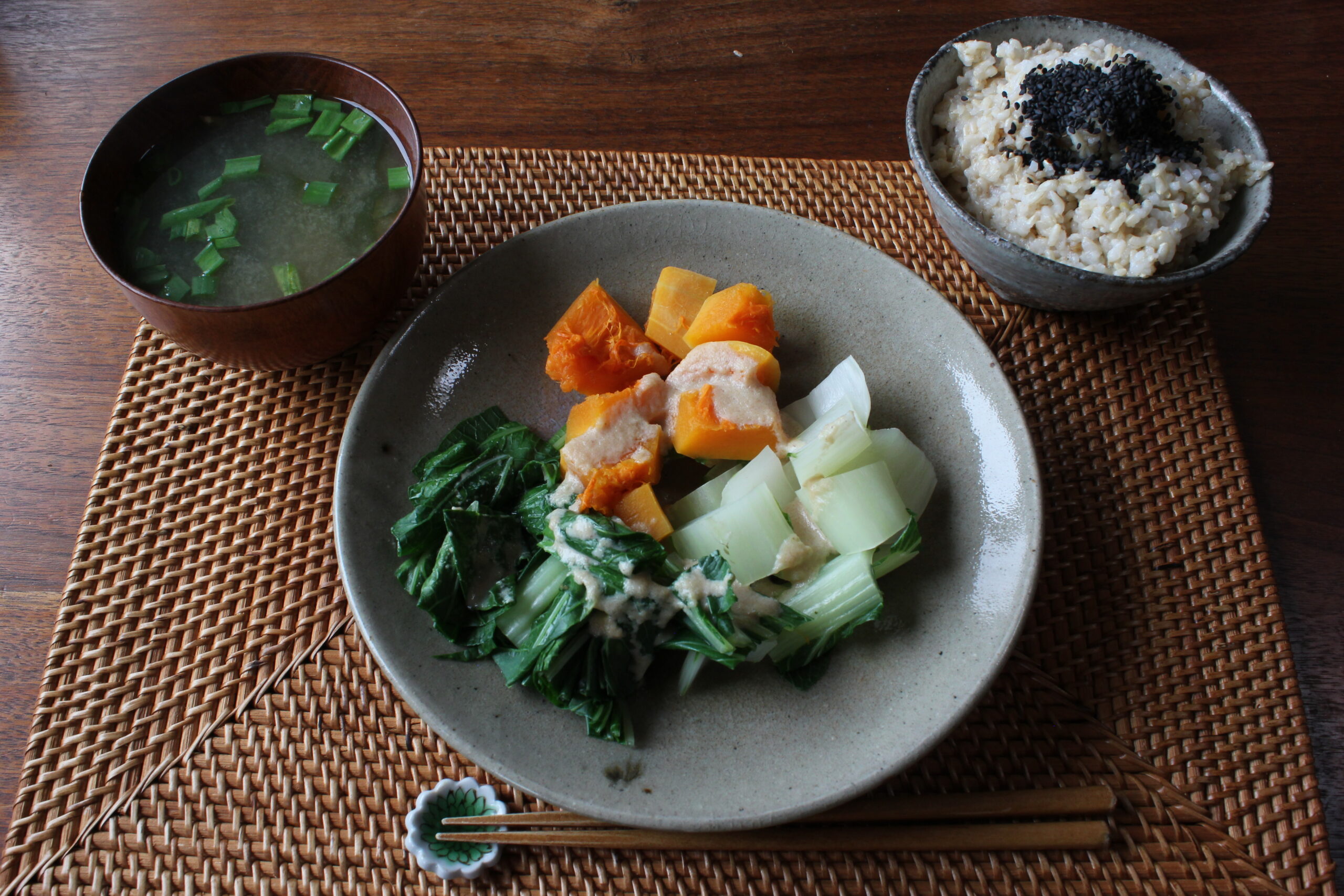 Moon Time Lunch-Steamed vegetables, brown rice, and herbal broth miso soup